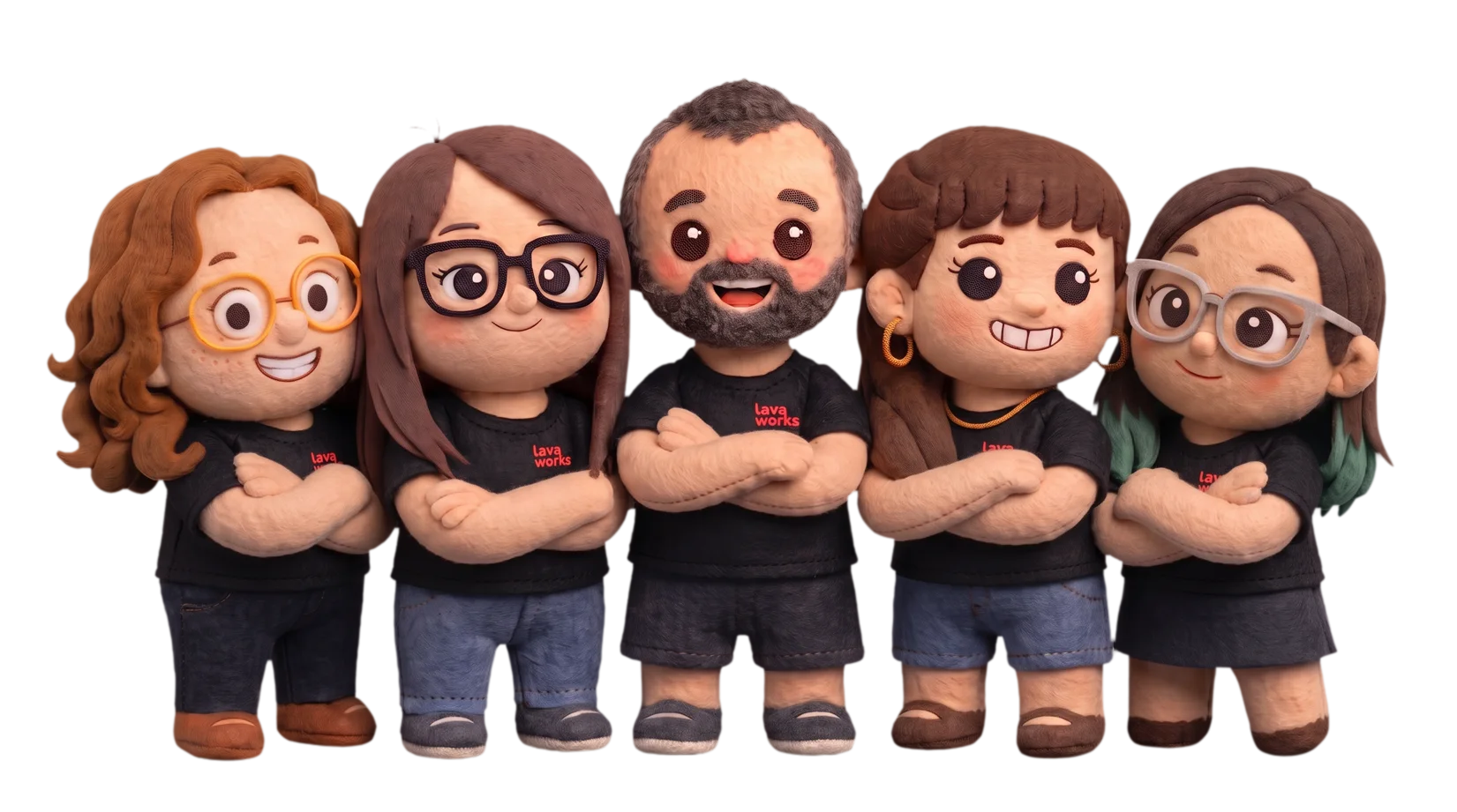 El equipo de Lavaworks: cinco personajes de plastilina con remeras negras de Lavaworks y los brazos cruzados